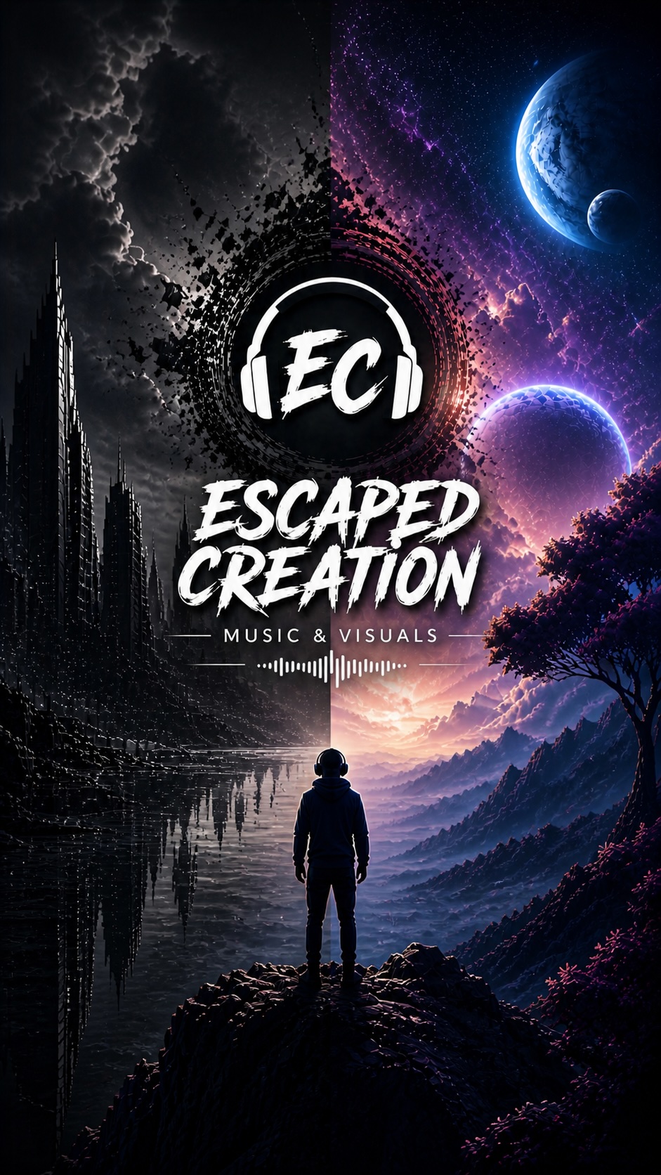 Portrait Escaped Creation artwork with a lone figure facing a cosmic horizon.